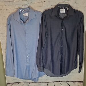 Bundle: Calvin Klein Men's Blue‎ & Grey SlimFit Dress Shirts 2 Pack Size L 32/33